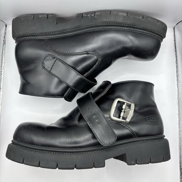 Vtg Skechers Y2K Chunky Black Leather Monk Strap Buckle Boots Men 9.5 SN 6909